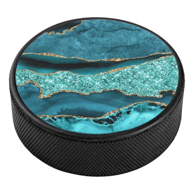 Teal Blue Gold Marble Aqua Turquoise Hockey Puck (3/4)