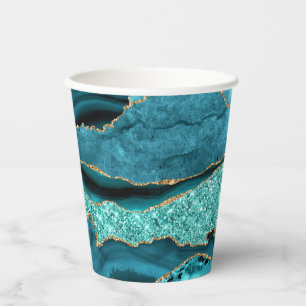 Teal Blue Gold Marble Aqua Turquoise Paper Cups