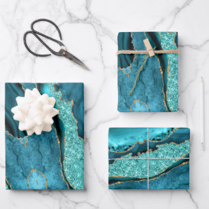 Teal Blue Gold Marble Aqua Wrapping Paper Sheets
