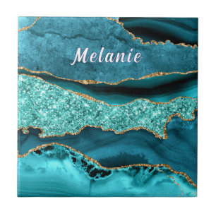 Teal Blue Gold Marble Ceramic Tile Custom Name