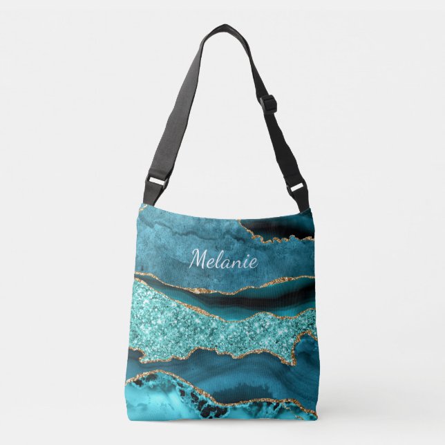  Teal Blue Gold Marble Cusrom Name Crossbody Bag (Front)