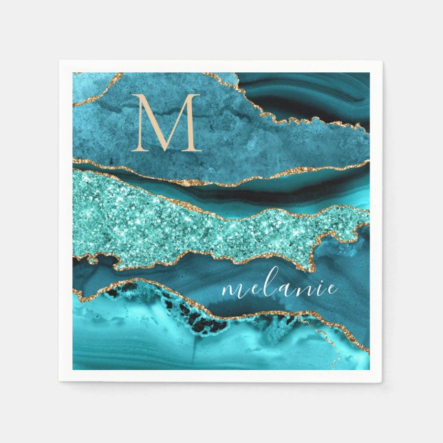 Teal Blue Gold Marble Custom Letter Name Napkins (Front)