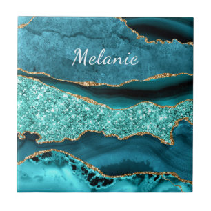 Teal Blue Gold Marble Custom Name Ceramic Tile