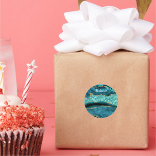 Teal Blue Gold Marble Custom Name Gift Sticker