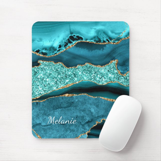 Teal Blue Gold Marble Custom Name Mouse Pad (With Mouse)