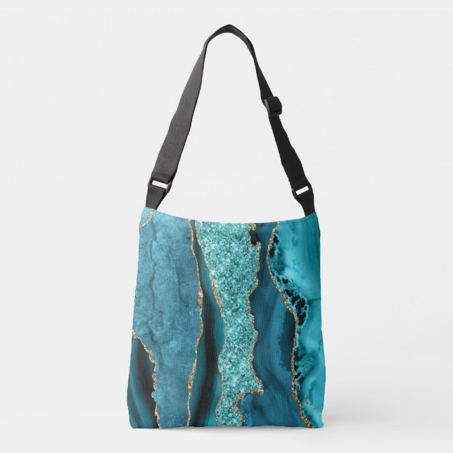  Teal Blue Gold Marble Turquoise Crossbody Bag (Front)