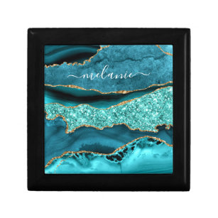Teal Blue Gold Marble Turquoise Your Name Gift Box