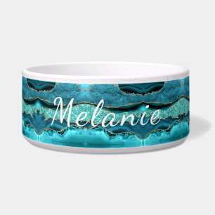 Teal Blue Gold Marble Turquoise Your Name Pet Bowl