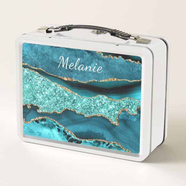 Teal Blue Gold Metal Lunch Box Personalised Name (Back)