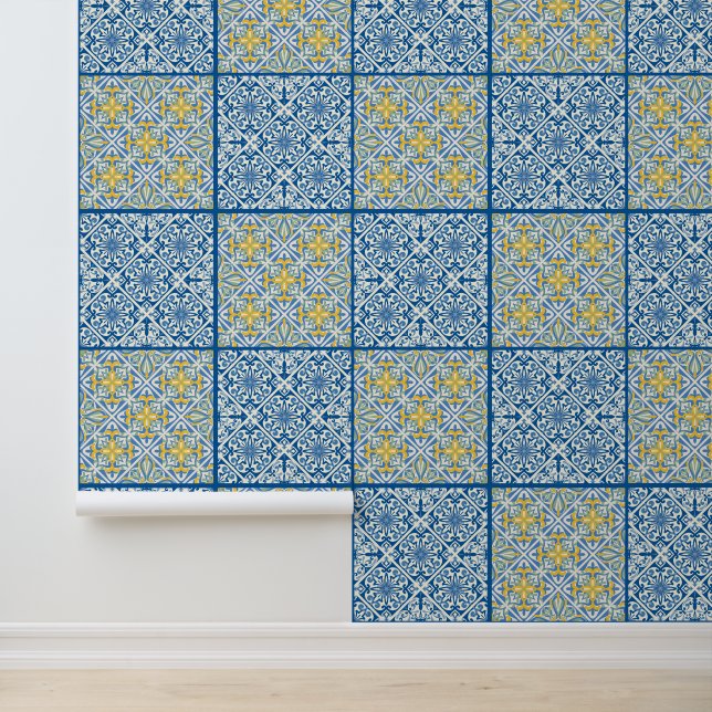 Teal Blue Gold Moroccan Tile Mediterranean Wall De (Application)