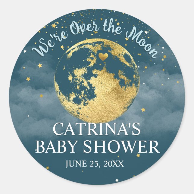 Teal Blue Gold Over the Moon Baby Shower Sticker (Front)