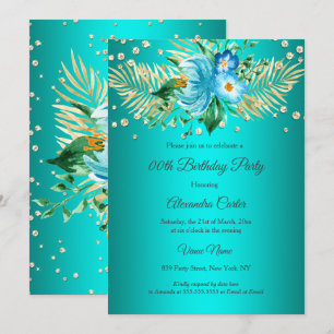 Teal blue gold palms floral Birthday Party Invitation