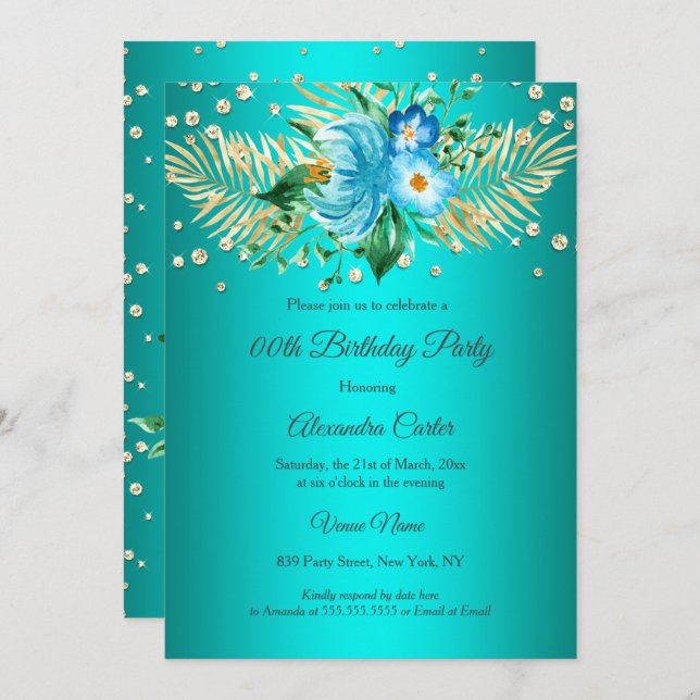 Teal blue gold palms floral Birthday Party Invitation (Front/Back)