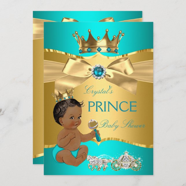 Teal Blue Gold Prince Baby Shower Ethnic Invitation (Front/Back)