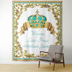 Teal Blue Gold Prince Baby Shower XL Backdrop Tapestry