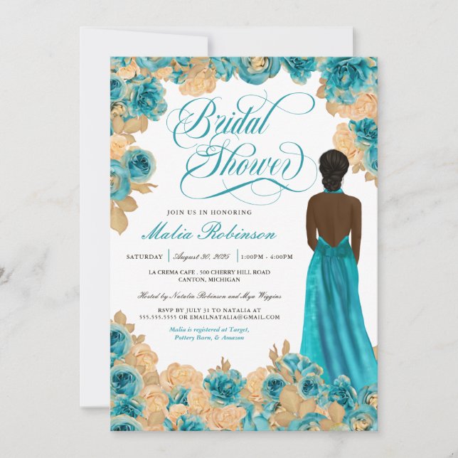 Teal Blue & Gold Roses Elegant Gown Bridal Shower  Invitation (Front)