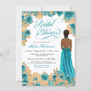 Teal Blue & Gold Roses Elegant Gown Bridal Shower Invitation