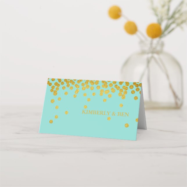 Teal Blue & Gold Shower Party Thank You Place Card (Front)