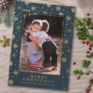 Teal Blue Gold Snowflakes Elegant Christmas Photo