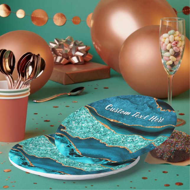 Teal Blue Gold Sparkly Custom Text Paper Plates (Multi)