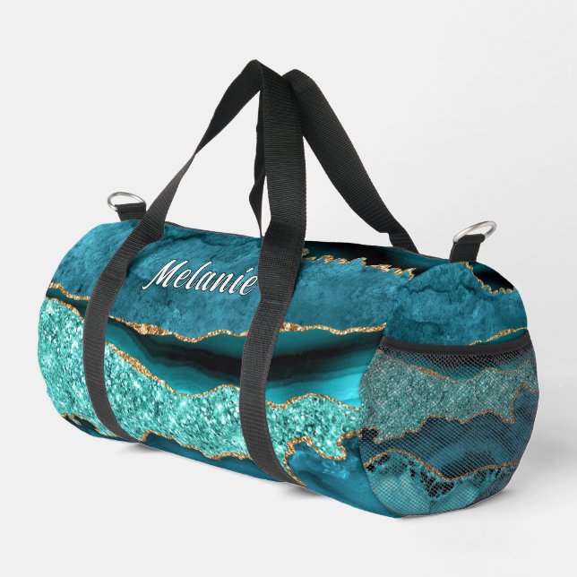 Teal Blue Gold Turquoise Custom Name Duffle Bag (Right Corner)
