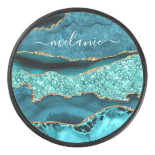 Teal Blue Gold Turquoise Custom Name Hockey Puck
