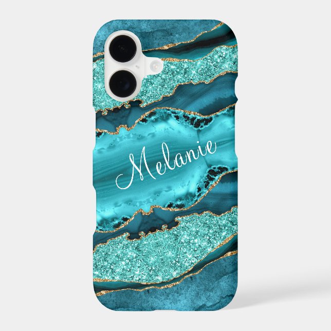Teal Blue Gold Turquoise Custom Name iPhone Case (Back)