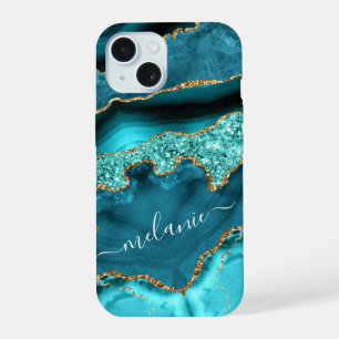 Teal Blue Gold Turquoise iPhone Case Custom Name