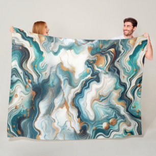 Teal Blue Gold White Modern Marble Agate  Fleece Blanket