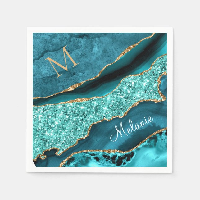 Teal Blue Gold Your Letter Name Turquoise Napkins (Front)