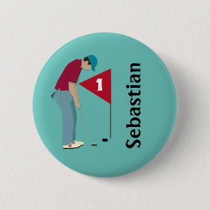 Teal Blue Golfer Putting 6 Cm Round Badge
