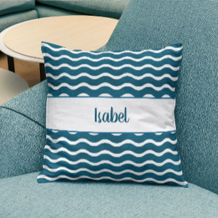 Teal Blue Gradient Waves Personalized Coastal Cushion