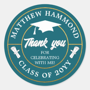 Teal Blue Graduating Class Thank You Grad Cap Classic Round Sticker