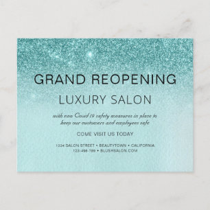 Teal Blue Grand Reopening Glitter Hair Salon Aqua Announcement Postcard