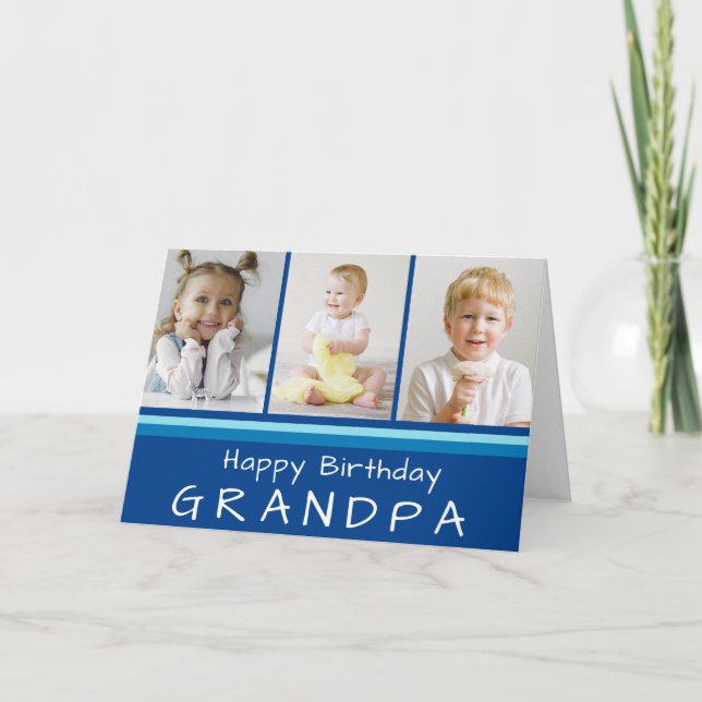 Teal Blue Grandpa Photo Collage Happy Birthday Card (Front)