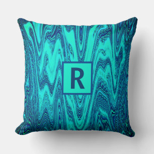 Teal Blue Green Abstract Monogram Initial Cotton Cushion