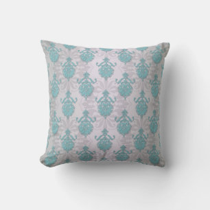Teal Blue Green and Silvery White Damask Cushion