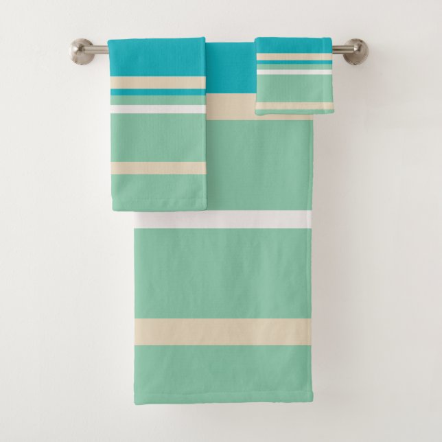 Teal Blue, green and Turquoise Stripes   Bath Towel Set (Insitu)