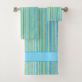 Teal, Blue, Green, and White Stripe Pattern Bath Towel Set