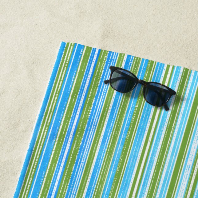 Teal, Blue, Green, and White Stripes Beach Towel (In Situ)