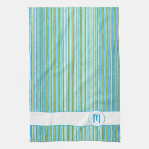 Teal, Blue, Green, and White Stripes Monogram Tea Towel