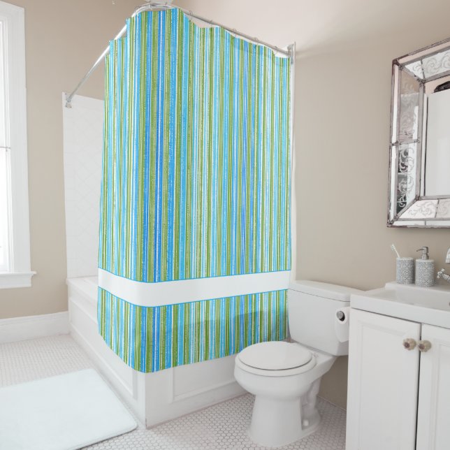 Teal, Blue, Green, and White Stripes Shower Curtain (In Situ)