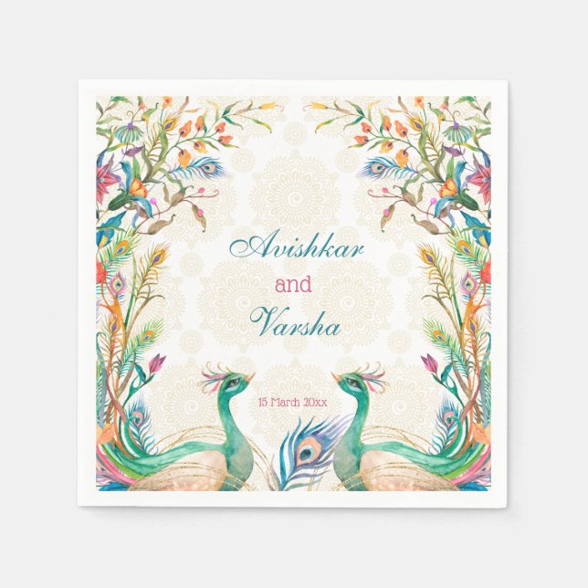 Teal blue green cerise floral peacock custom name napkin (Front)