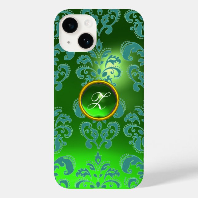 TEAL BLUE GREEN DAMASK GEMSTONE MONOGRAM Floral Case-Mate iPhone Case (Back)