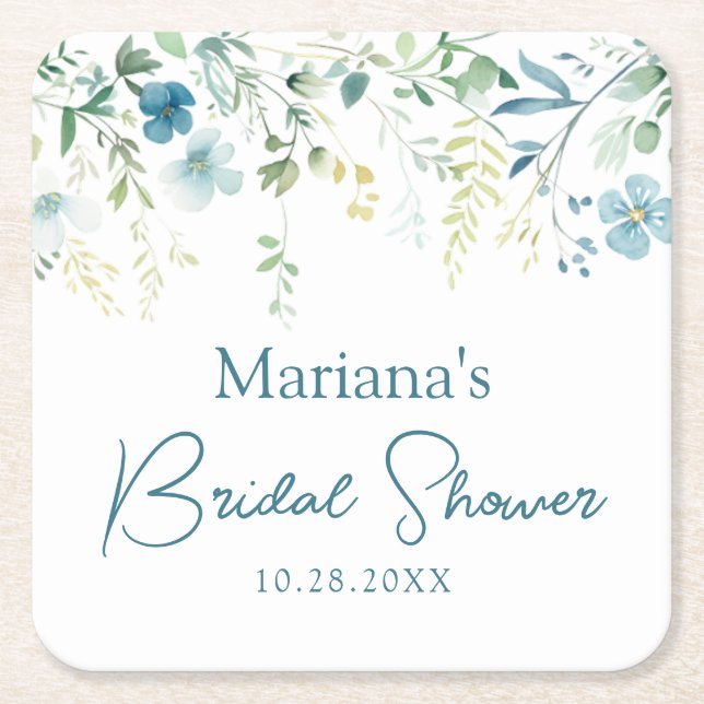 Teal Blue Green Floral Square Paper Coaster (Front)