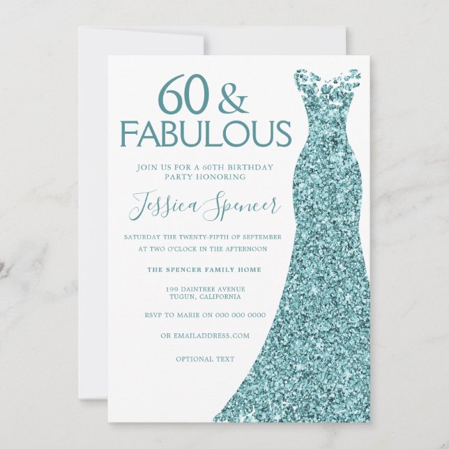 Teal Blue Green Glitter Dress 60th Birthday Party Invitation (Front)
