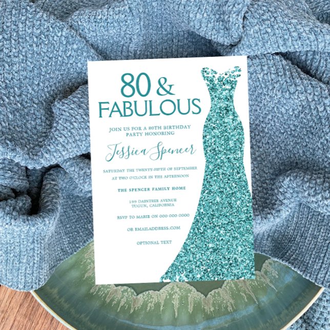 Teal Blue Green Glitter Dress 80th Birthday Party Invitation (Creator Uploaded)