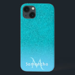 Teal blue green glitter monogram name iPhone 13 case<br><div class="desc">Teal,  blue green faux glitter gradient.  Template for your name and monogram letter.  White and teal coloured letters.</div>