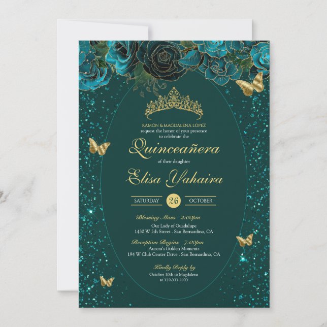 Teal Blue Green Gold Luxury Butterfly Quinceanera Invitation (Front)