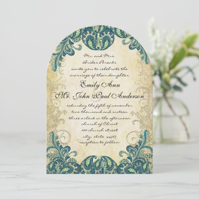 Teal Blue Green Golden Lime Peacock Wedding Invitation (Standing Front)